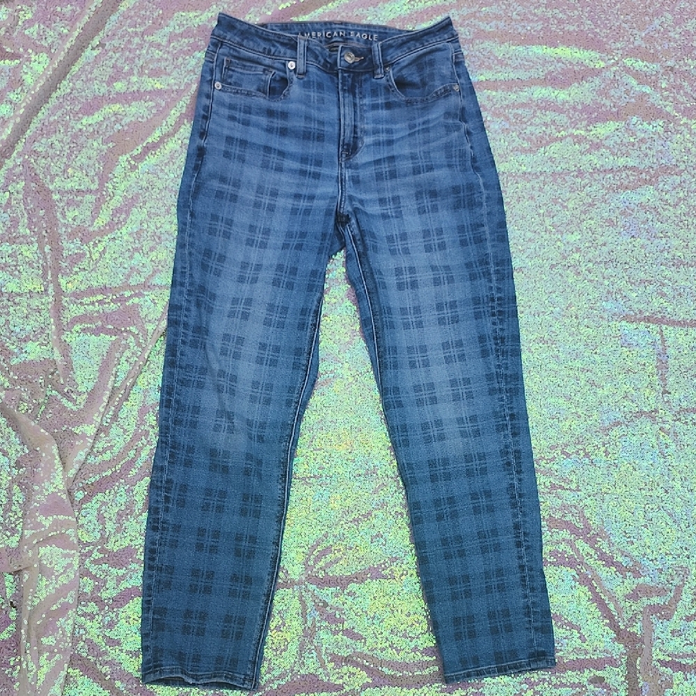 American Eagle Blue Checkered Jeans with Unique Design! Size 4